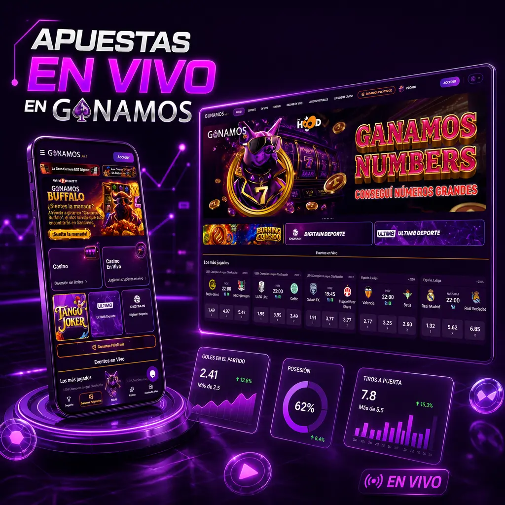 Panel de apuestas en vivo de Ganamos con cuotas actualizadas, estadísticas y opción de cash out en fútbol, tenis y más.