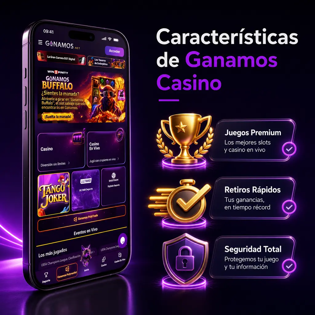 Características de Ganamos Casino: pagos con Mercado Pago, retiros en 24 horas, soporte en español y verificación simple