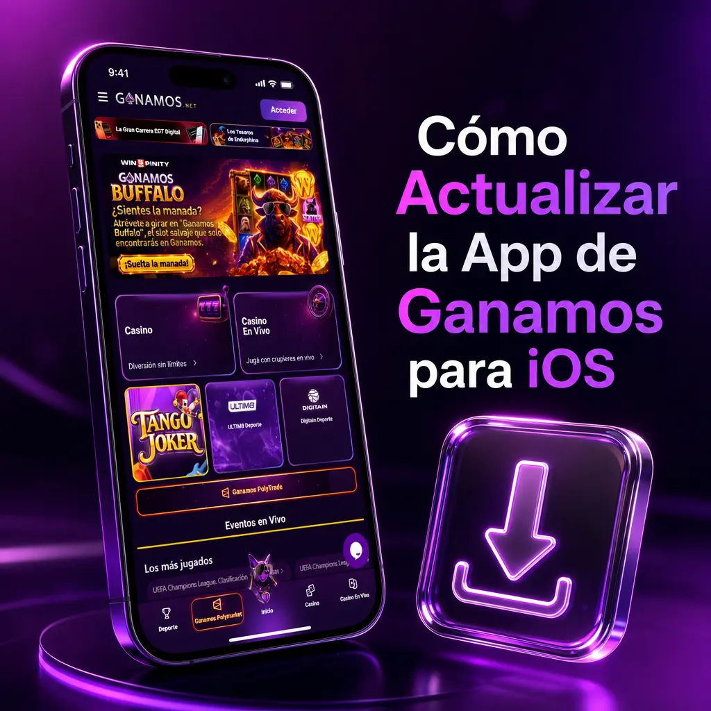 Pasos para actualizar la app de Ganamos en iOS: ingresar al sitio, descargar, confirmar instalación y abrir la aplicación.