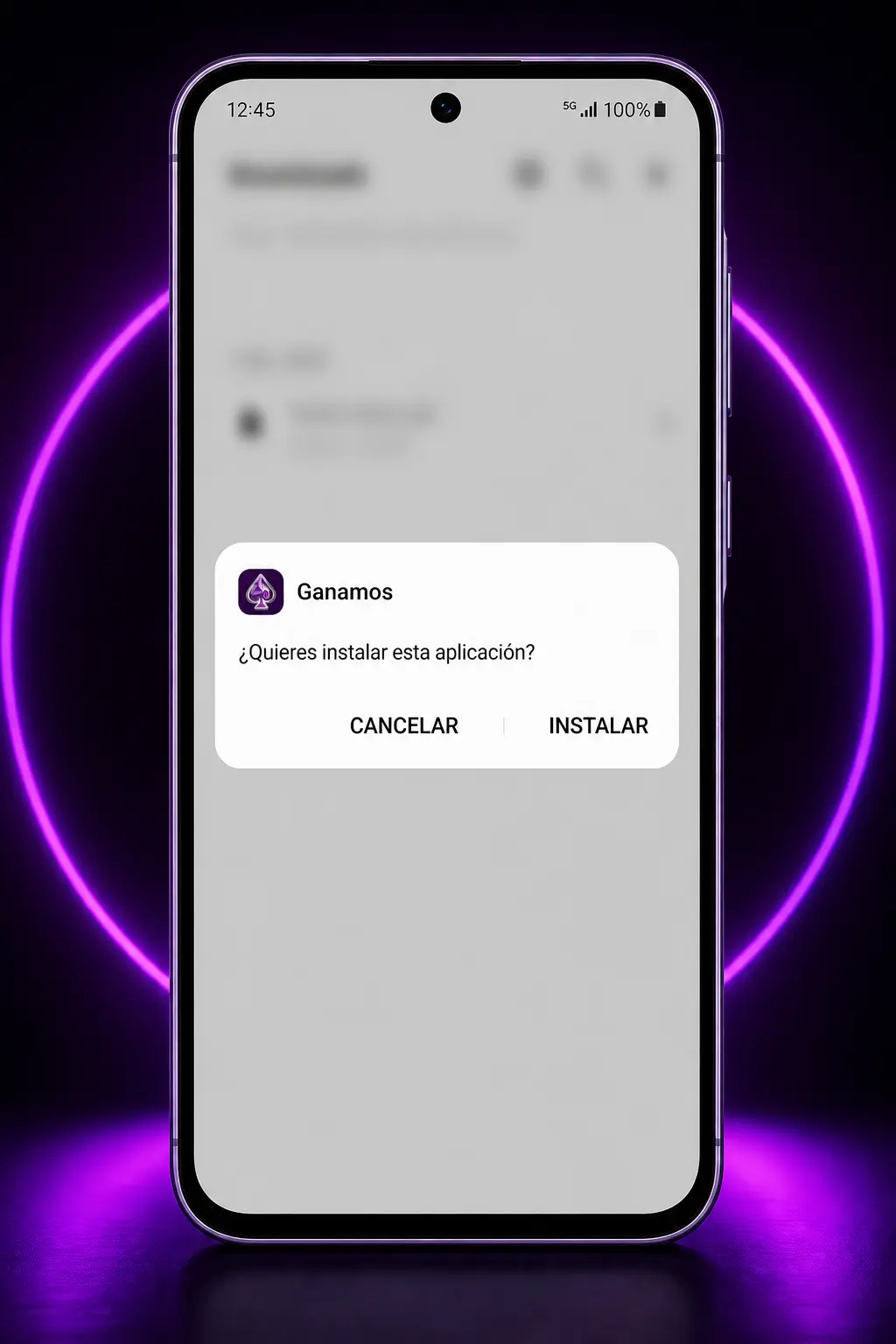 Pasos para descargar e instalar el APK de Ganamos en Android, mostrando la app lista para usar en el dispositivo.