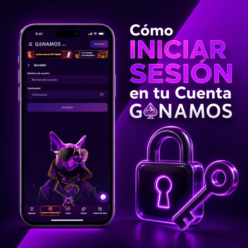 Pantalla de inicio de sesión en Ganamos mostrando campos para usuario, contraseña y acceso con redes sociales