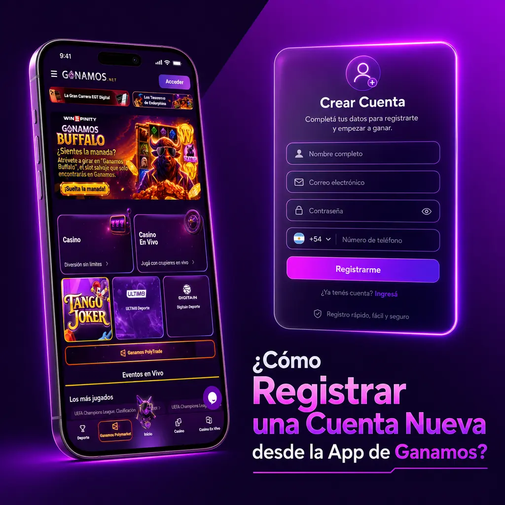 Pasos para registrarte en la app de Ganamos: completá el formulario, confirmá tu cuenta y activá el bono de bienvenida.
