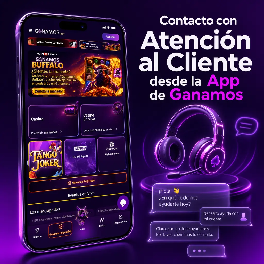 Contacto con atención al cliente desde la app de Ganamos: chat en vivo, WhatsApp, correo y preguntas frecuentes 24/7.