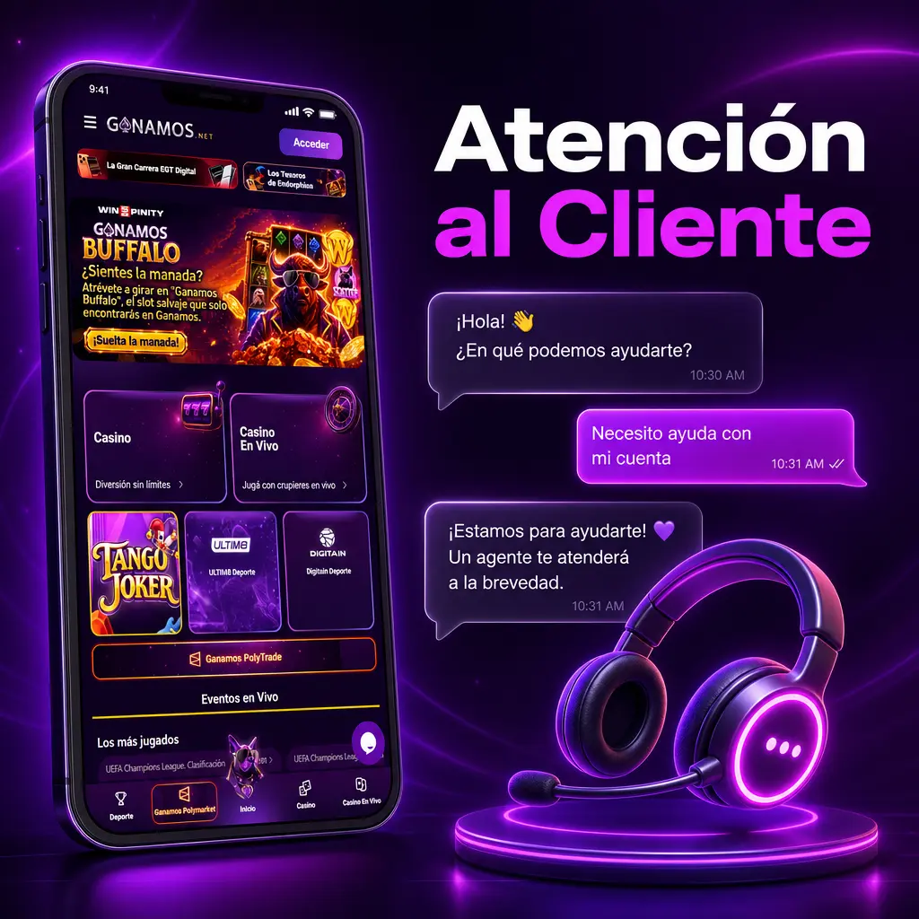 Equipo de atención al cliente de Ganamos disponible 24 horas para consultas sobre depósitos, retiros y verificación de cuenta.