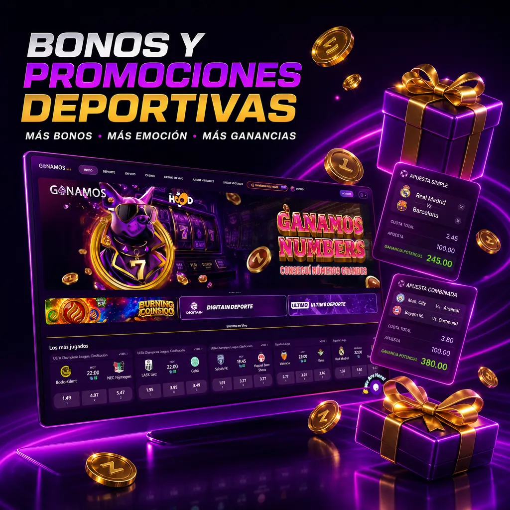 Bonos y promociones deportivas de Ganamos: bienvenida, cashback, freebet, combinadas y club de puntos para apostar.