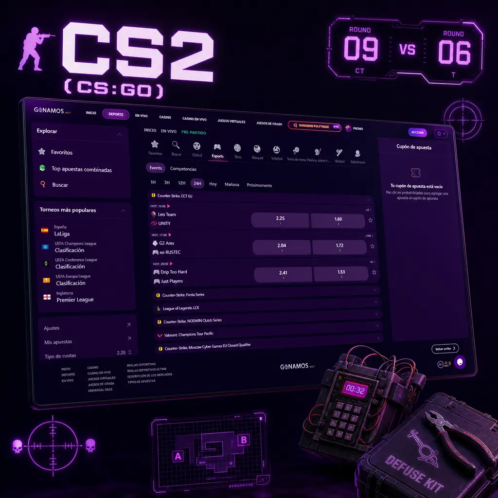 Apuestas en vivo para CS2 (CS:GO): ganador de mapa, rondas y hándicap en torneos como IEM Katowice, ESL Pro League y BLAST Premier.