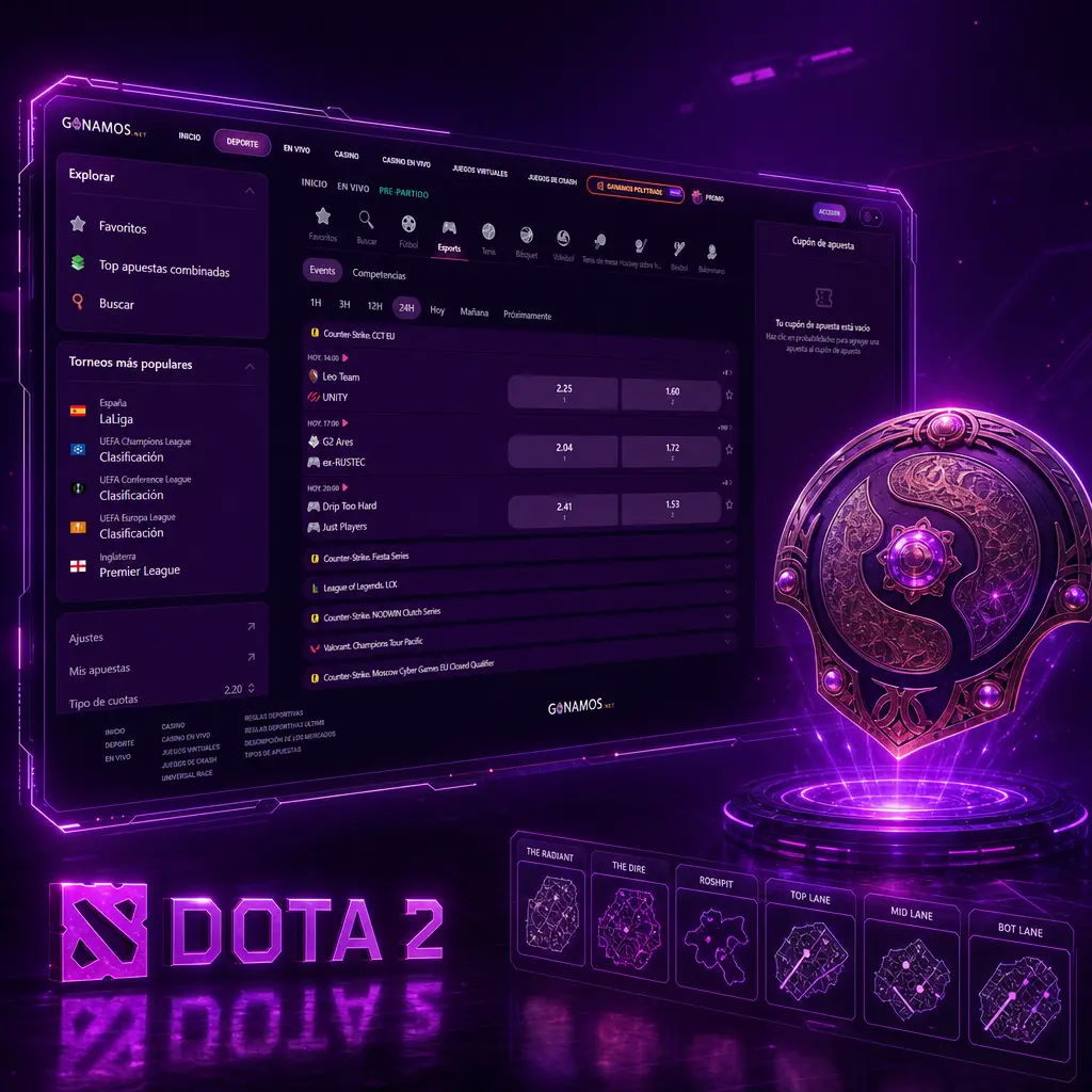 Apuestas en vivo para Dota 2: ganador, hándicap de mapas y total de kills en torneos como The International y ESL One.