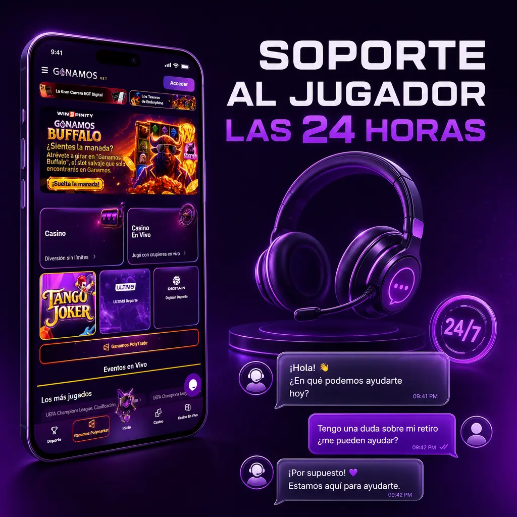 Soporte al jugador de Ganamos disponible las 24 horas por chat, correo electrónico y WhatsApp para todas tus consultas.