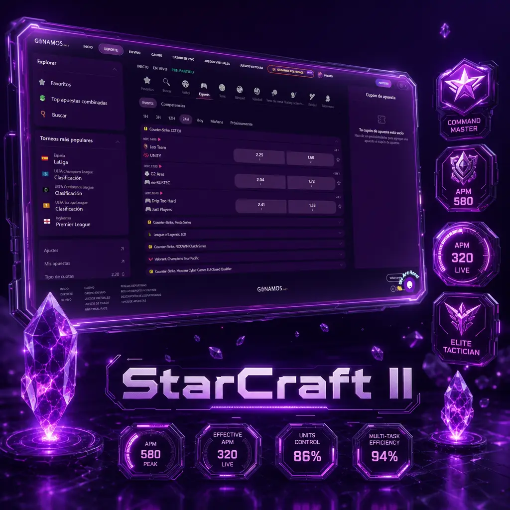 Duelo de StarCraft II con apuestas a ganador, hándicap y total de partidas en torneos como IEM Katowice y GSL.