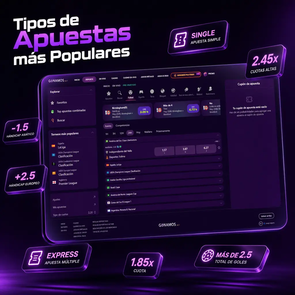 Tipos de apuestas más populares en Ganamos: simples, combinadas, sistema, hándicap, over/under, en vivo, cash out y bet builder