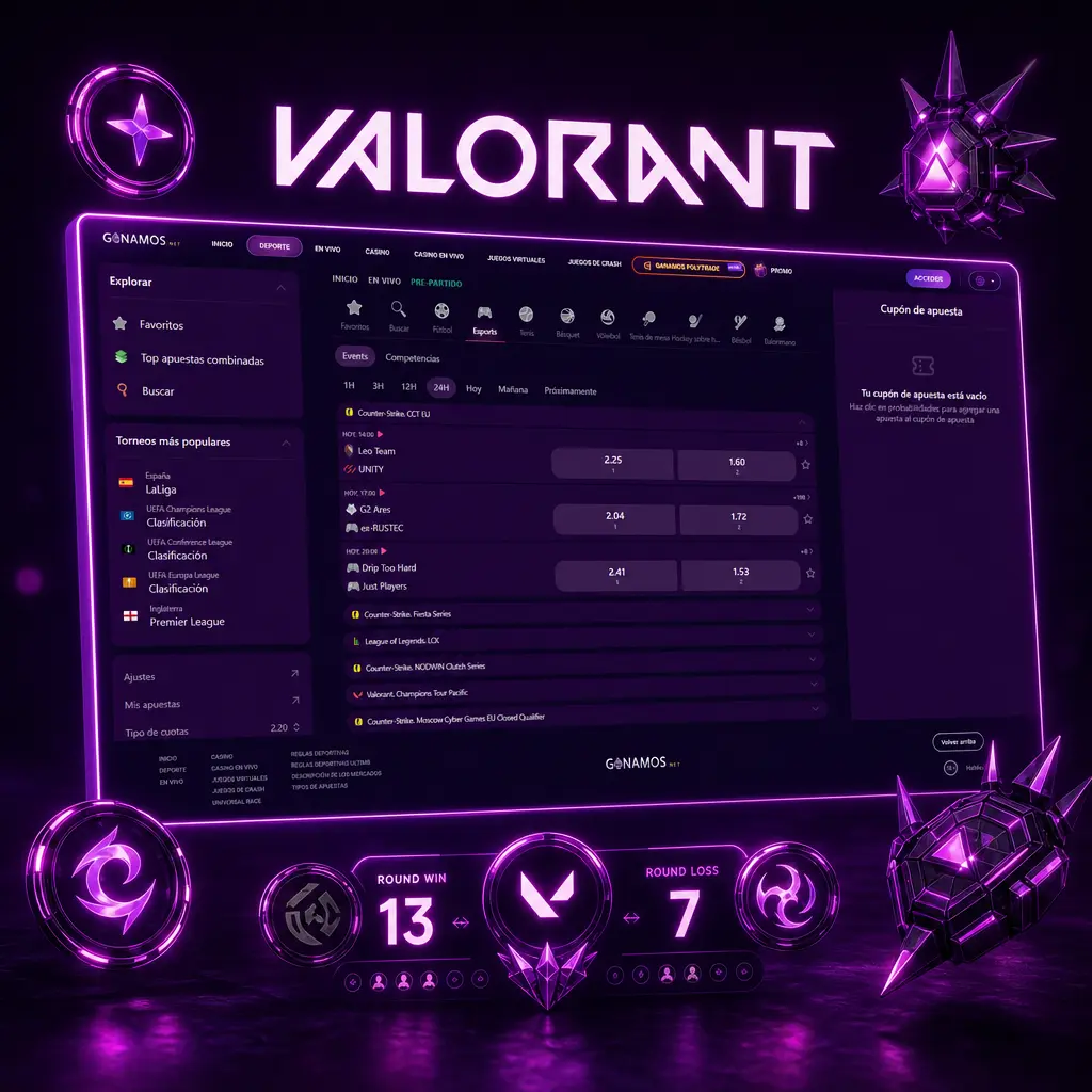 Apuestas en vivo de Valorant en Ganamos: ganador de mapa, rondas y MVP en VCT Champions, Masters y más.