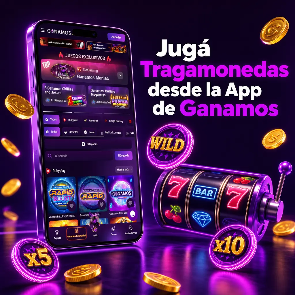 Aplicación de Ganamos para jugar tragamonedas desde el celular, con bono de bienvenida y notificaciones de torneos.