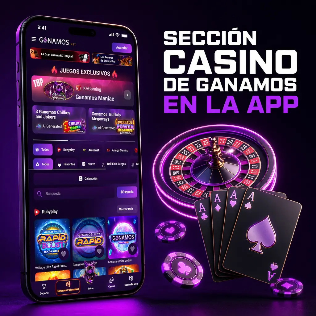 Sección casino de la app Ganamos con más de 3.000 juegos: tragamonedas, ruleta, blackjack y crash games como Aviator.