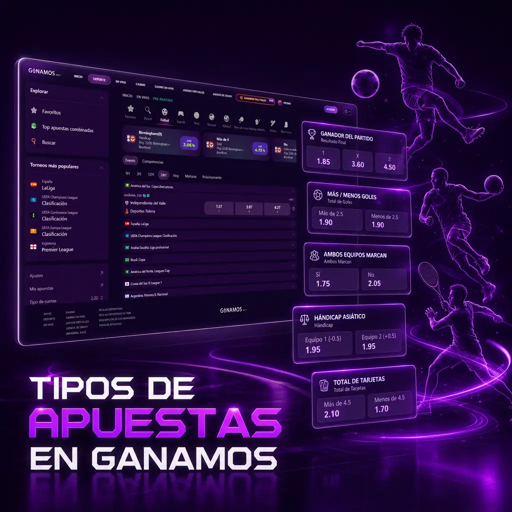 Tipos de apuestas en Ganamos: simple, combinada, sistema, hándicap asiático, over/under y cash out.